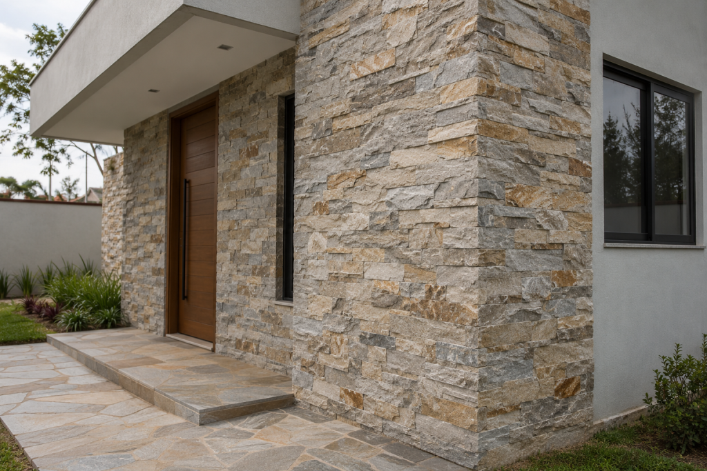 Fachada residencial revestida com pedras naturais em filetes