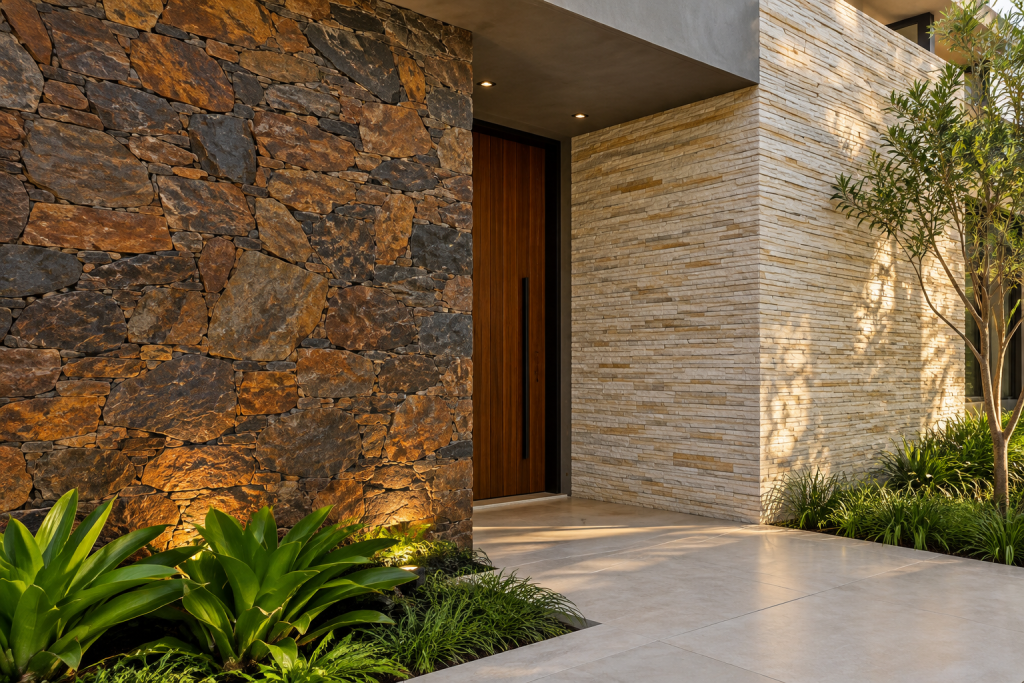 Parede com Pedra Ferro e revestimento em Canjiquinha em entrada residencial