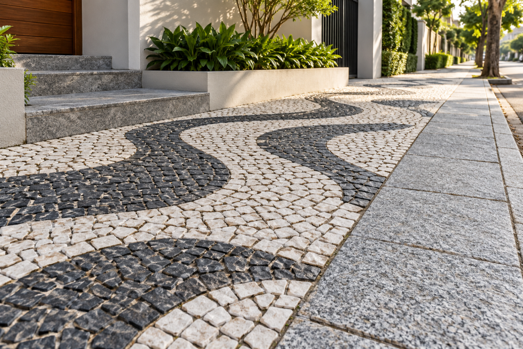 Calçada com mosaico de Pedra Portuguesa e faixa de Pedra Miracema cinza